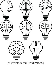 Light Bulb with Brain Icons  is a smart and creative design theme that combines light bulbs and brain imagery to symbolize ideas, innovation, and intelligence.