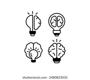 light bulb with brain icons symbol sign vector design black white color simple line illustration collections set