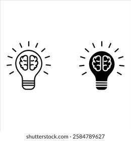 light bulb with brain icons symbol sign vector design black white color simple line illustration collections set
