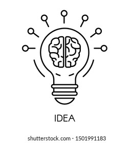 Light bulb and brain, idea symbol isolated outline icon vector. Creativity, creative idea, mind and thinking emblem or logo, thought or invention. IT development and startup or business, brainstorm