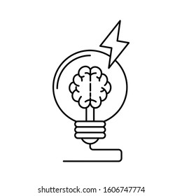 Light bulb with brain inside. Big idea concept. Outline thin line flat illustration. Isolated on white background. 