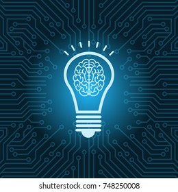 Light Bulb With Brain Inside Icon Over Blue Circuit Motherboard Background Vector Illustration