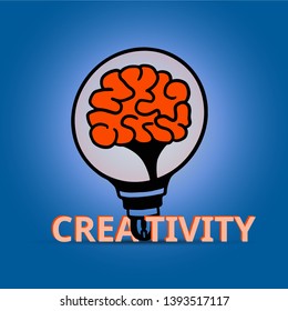 light bulb with brain inside as a light-source refer to creativity or idea with wording below in blue background