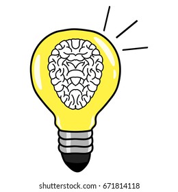 Light bulb with brain inside,Hand drawn,Vector,Illustration.