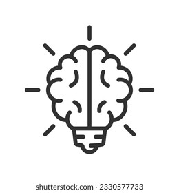 Cerebro de la bombilla, icono lineal. La idea. Línea con trazo editable