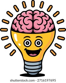 Light bulb brain mascot represents idea, creativity. With funny expression, vector suits to bright concept of innovation, intelligence and smart ideas