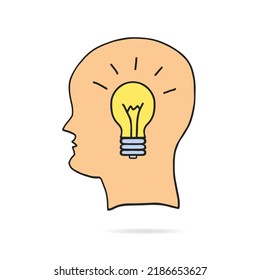The light bulb in the brain is a metaphor for thought. flat line design banner vector illustration.