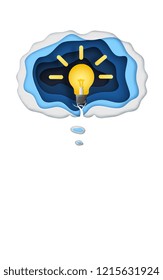 light bulb in the brain on vector paper art, creative and good idea concept for business or education.