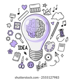 Light bulb with brain surrounded by creative icons on white background. Vector illustration