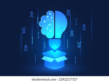 Glühbirne und Gehirn zusammen Der Einsatz intelligenter Technologien, die über das Internet genutzt werden, um neue Ideen für Arbeit oder neues Unternehmen zu finden, die durch den Einsatz von Technologie weiter wachsen.