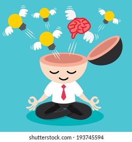 Light bulb and brain with wing flying freedom from businessman meditation. Building idea concept. Cartoon flat design. Vector illustration