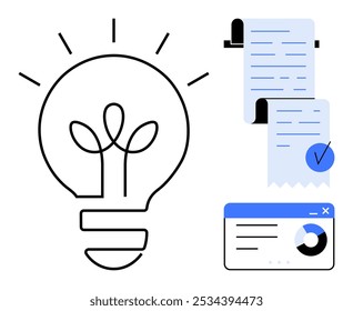 Light bulb with bright rays symbolizes creativity and ideas along with checklists and rolled receipts indicating data analysis and organization. Ideal for business solutions project planning
