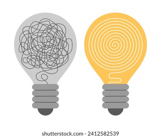 Light bulb bright versus broken. Dark electric lamp with disorganized messy wire as bad or no idea symbol vs yellow bulb with electricity and organized neat thread cartoon vector illustration