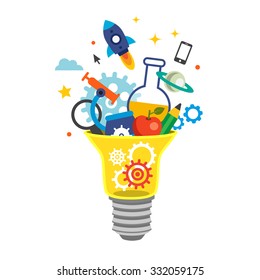 Light bulb bursting with cogs and ideas. Education concept. Flat style vector illustration isolated on white background.