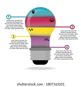 Light bulb Business data visualization, infographics. Scheme of the process of elements using graphics, a lamp in four stages, numbers, options, parts. Business vector for presentation.