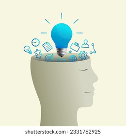 Light bulb, business icons and head of a person as a good business idea, strategy and planning concept