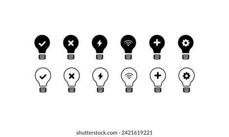 Light bulb with buttons icons. Light bulb with a check mark, cross, lightning, Wi-Fi, plus, gear. Silhouette and linear style. Vector icon