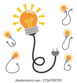 Bombilla de luz con el conjunto de iconos de cable que muestra energía creativa.