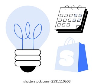 Light bulb, calendar, and shopping bag symbols. Ideal for business strategies, creativity, marketing, organization, and planning themes. Simple modern style