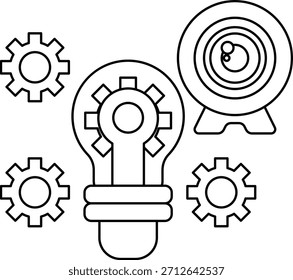 Una bombilla con una lente de cámara en el medio. La bombilla está rodeada de engranajes. Concepto de innovación y creatividad