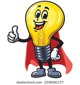 Light Bulb with caped superhero style,  Cartoon Character Mascot Illustration Vector Clip-art Hand-drawn Logo Design