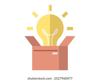 Light bulb in cardboard box. Finding big idea, bringing new business concept or having brilliant solution for company, big idea from inside cardboard box. Think outside box, success and creativity