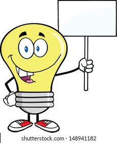 Light Bulb Cartoon Character Holding Up A Blank Sign
