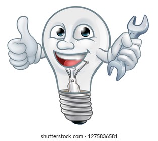 A light bulb cartoon character lightbulb mascot holding a spanner or wrench and giving thumbs up