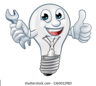A light bulb cartoon character lightbulb mascot holding a spanner or wrench and giving thumbs up