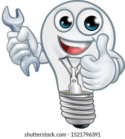 A light bulb cartoon character lightbulb mascot holding a spanner or wrench and giving thumbs up