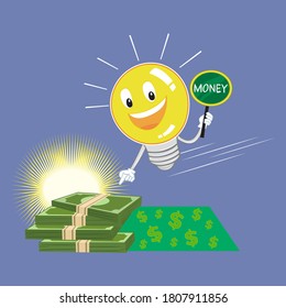 Light bulb cartoon character pointing at pile of money, concept of money idea,vector image illustration