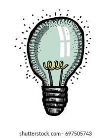 Light bulb cartoon hand drawn image. Original colorful artwork, comic childish style drawing.