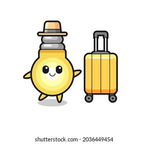 light bulb cartoon illustration with luggage on vacation , cute style design for t shirt, sticker, logo element