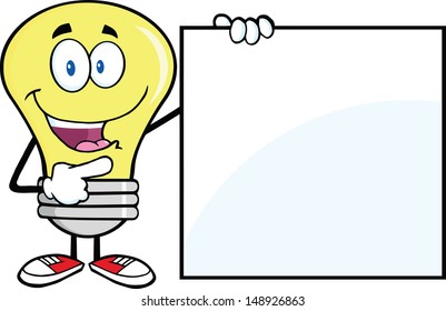 Light Bulb Cartoon Mascot Character Showing A Blank Sign