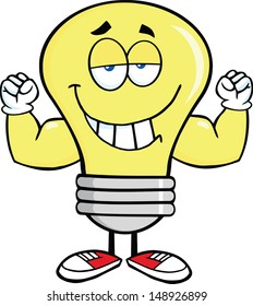 Light Bulb Cartoon Mascot Character With Muscle Arms