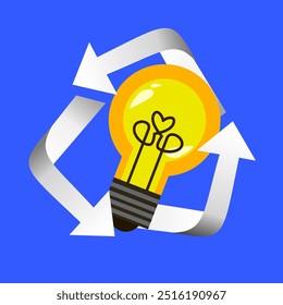 Light bulb cartoon surrounded by recycling symbol vector illustration.  Sustainable energy. Suitable for creative business content