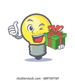 light bulb character cartoon with gift