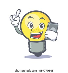 light bulb character cartoon with phone