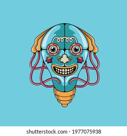 Light Bulb Character clown with tentacle and cable illustration vector isolated
