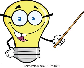 Light Bulb Character With Glasses Holding A Pointer