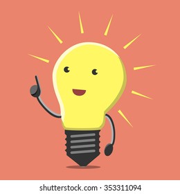 Light bulb character with great new creative idea in aha moment on orange background. Lightbulb, insight, eureka, inspiration concept. Flat style. EPS 8 vector illustration, no transparency