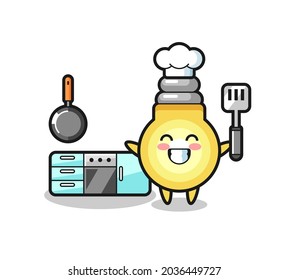 light bulb character illustration as a chef is cooking , cute style design for t shirt, sticker, logo element