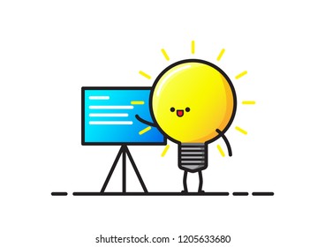 Light Bulb character is presenting the thought idea. About creative concept. Editable Storke. Vector illustration.