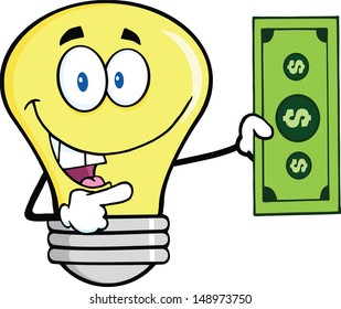 Light Bulb Character Showing A Dollar Bill