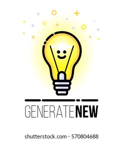 Light bulb character. Symbol of new idea. Vector motivation greeting card. Flat line style. Modern design. Isolated on white background