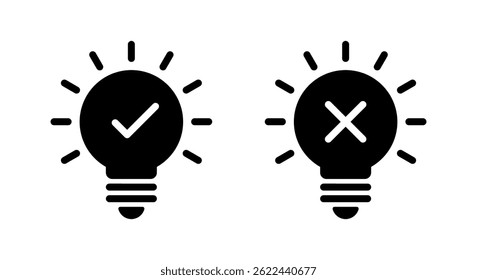 Light bulb with check and cross mark icon. Creativity and stagnation sign symbol