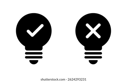 Light bulb with check and cross mark icon isolated on white background. Creativity and stagnation sign symbol