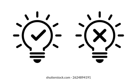 Light bulb check and cross mark icon. Business lamp with checkmark and x sign symbol