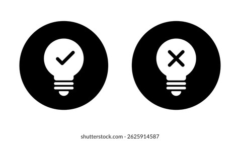 Light bulb check and cross mark icon on black circle. Creativity and stagnation sign symbol