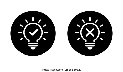 Light bulb check and cross mark icon on black circle. Business lamp with checkmark and x sign symbol